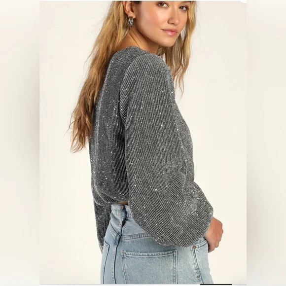 Lulus Silver and Black Sparkle Lined Top Sz M - Picture 3 of 16
